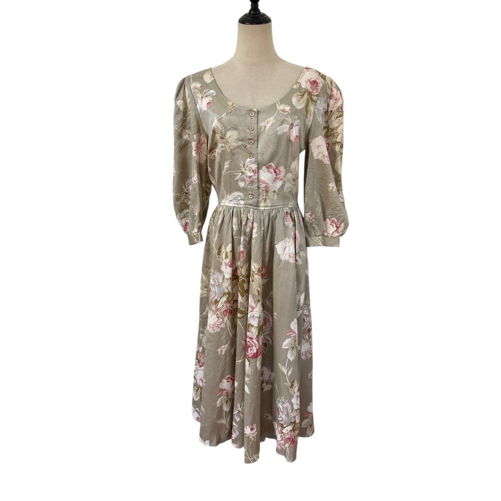 Vtg 80s Donna Morgan Floral Midi Dress Sage Pink Roses Puff Sleeve‎ Cottagecore